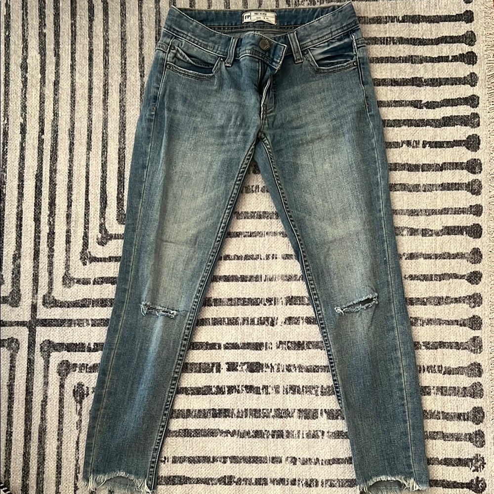 Free People Blue Skinny Jeans with Distressed Details